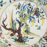 18th century French faience plate with polychrome birds and floral decoration, attributed to Desvres or Vron, wall-mounted antique ceramic, ca. 1760–1780