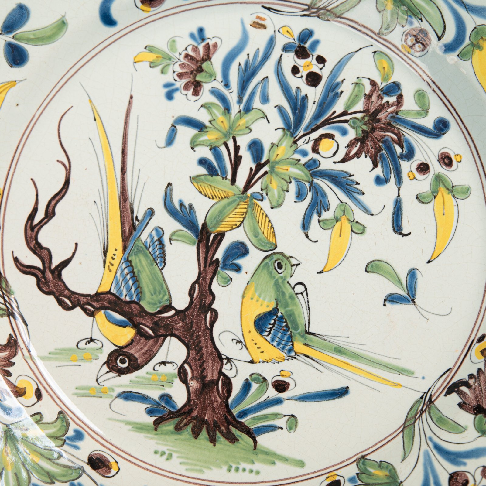 18th century French faience plate with polychrome birds and floral decoration, attributed to Desvres or Vron, wall-mounted antique ceramic, ca. 1760–1780