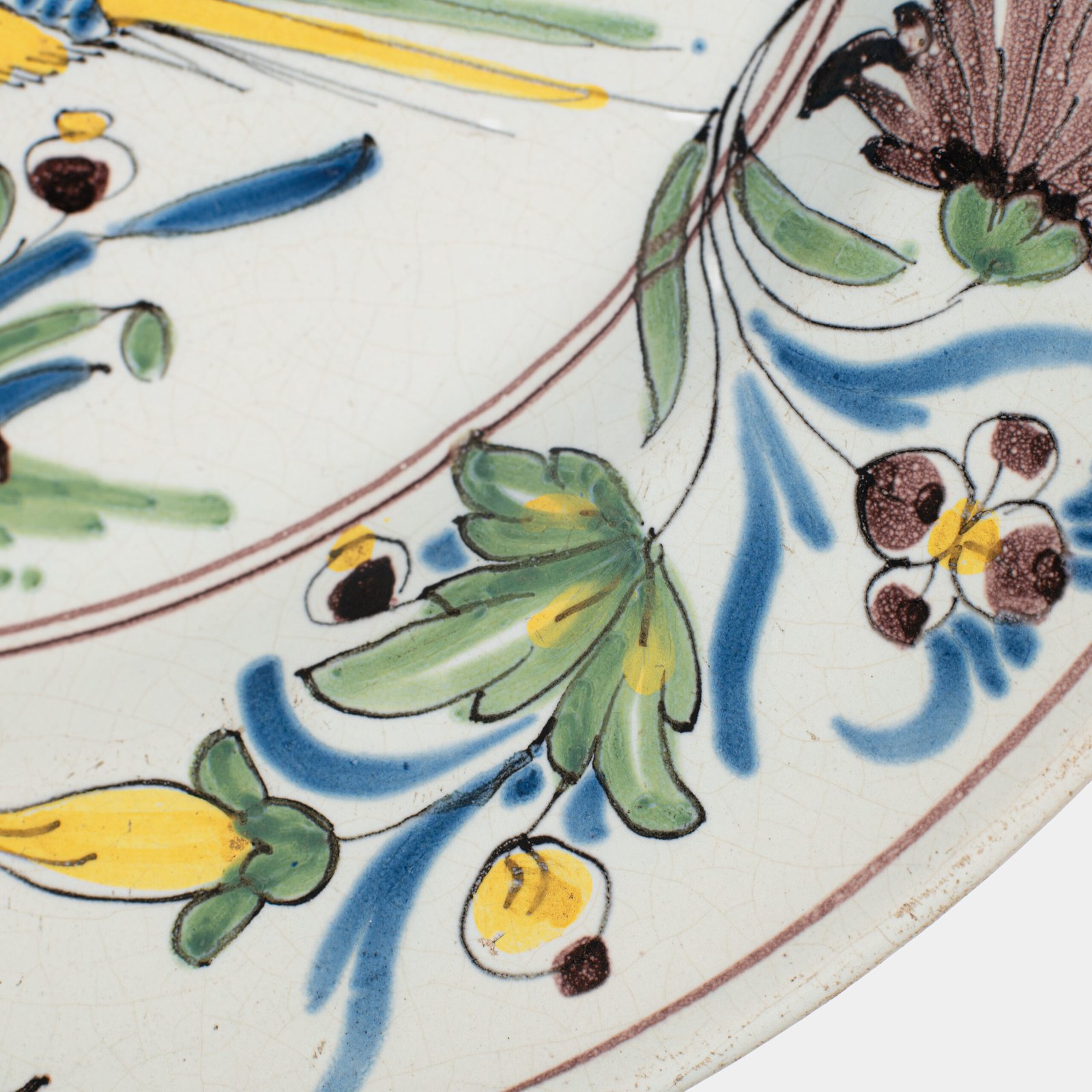 18th century French faience plate with polychrome birds and floral decoration, attributed to Desvres or Vron, wall-mounted antique ceramic, ca. 1760–1780