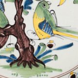 18th century French faience plate with polychrome birds and floral decoration, attributed to Desvres or Vron, wall-mounted antique ceramic, ca. 1760–1780