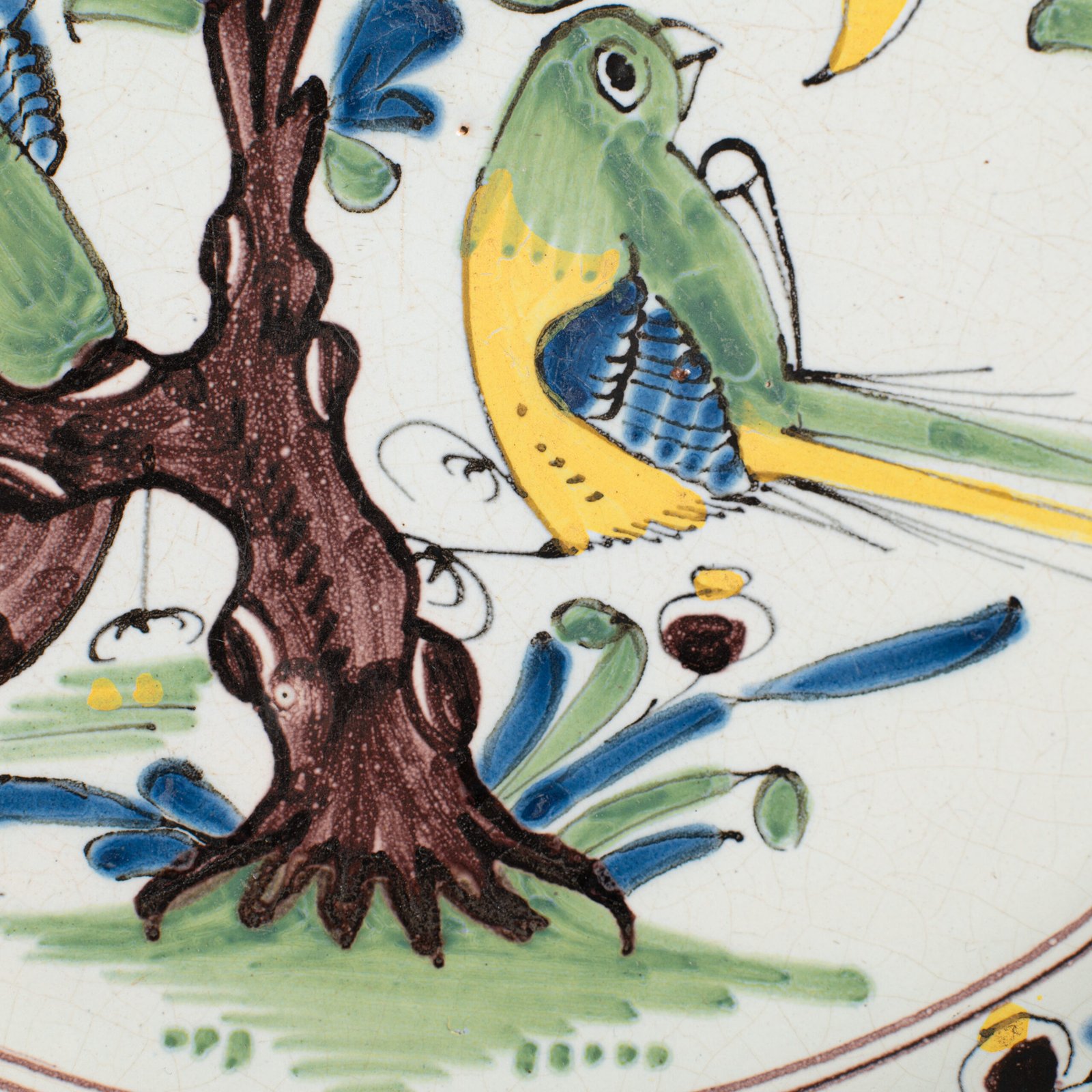 18th century French faience plate with polychrome birds and floral decoration, attributed to Desvres or Vron, wall-mounted antique ceramic, ca. 1760–1780