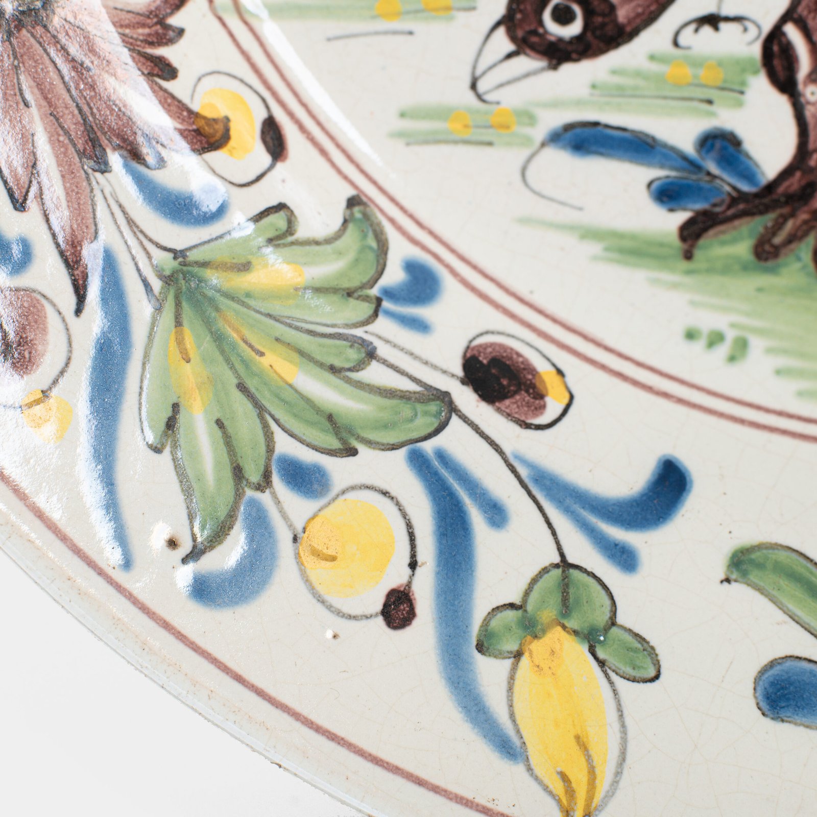 18th century French faience plate with polychrome birds and floral decoration, attributed to Desvres or Vron, wall-mounted antique ceramic, ca. 1760–1780