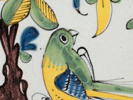 18th century French faience plate with polychrome birds and floral decoration, attributed to Desvres or Vron, wall-mounted antique ceramic, ca. 1760–1780