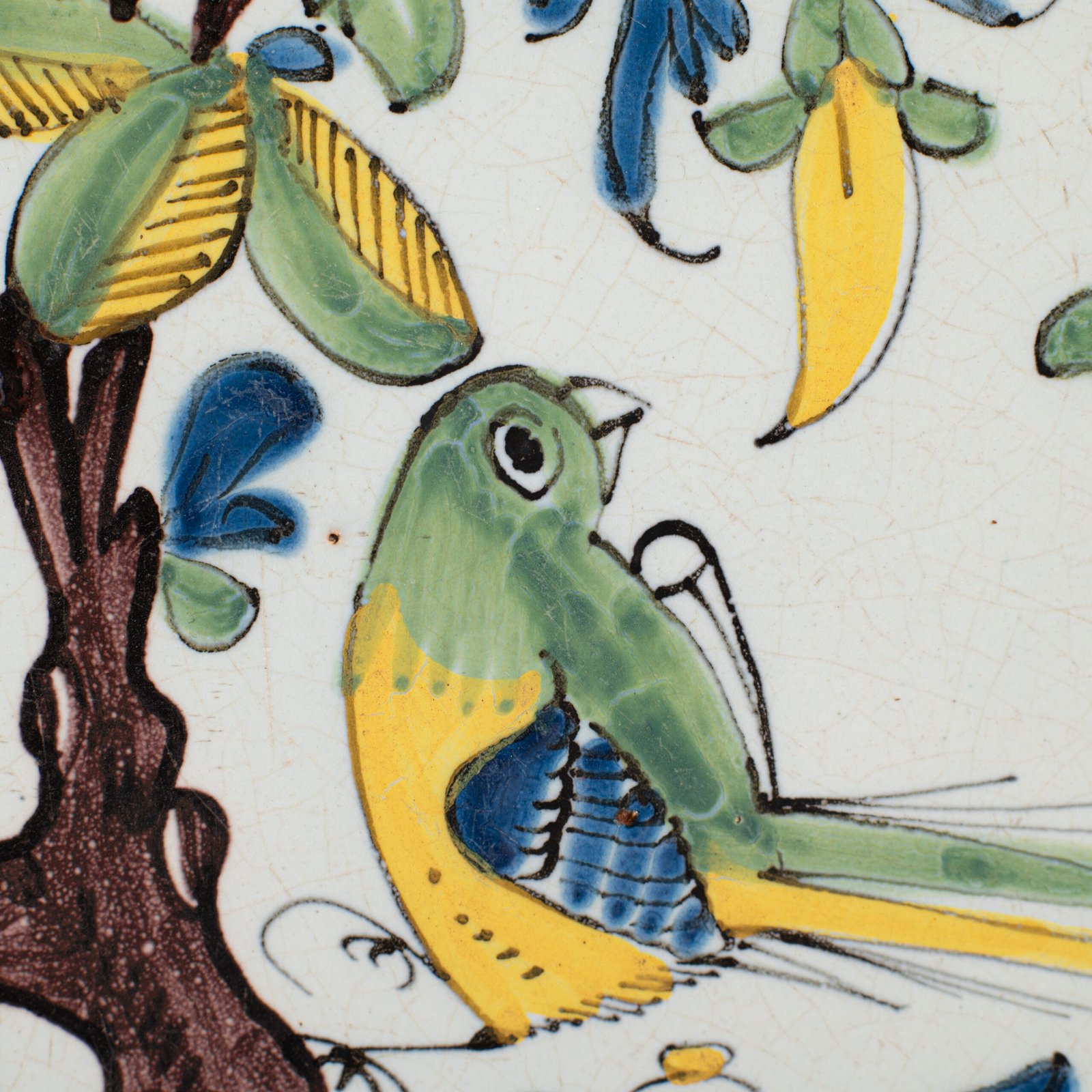 18th century French faience plate with polychrome birds and floral decoration, attributed to Desvres or Vron, wall-mounted antique ceramic, ca. 1760–1780