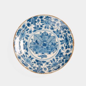 Exceptional 18th century Delft blue and white bowl-shaped plate with floral basket decoration, ca. 1700–1740, Dutch tin-glazed earthenware
