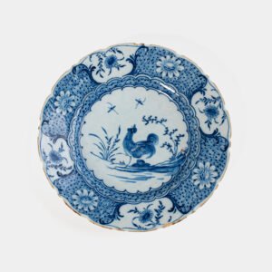 Exceptional Delft plate 18th century by Van den Briel with cobalt-blue rooster and floral decoration, De Grieksche A workshop.