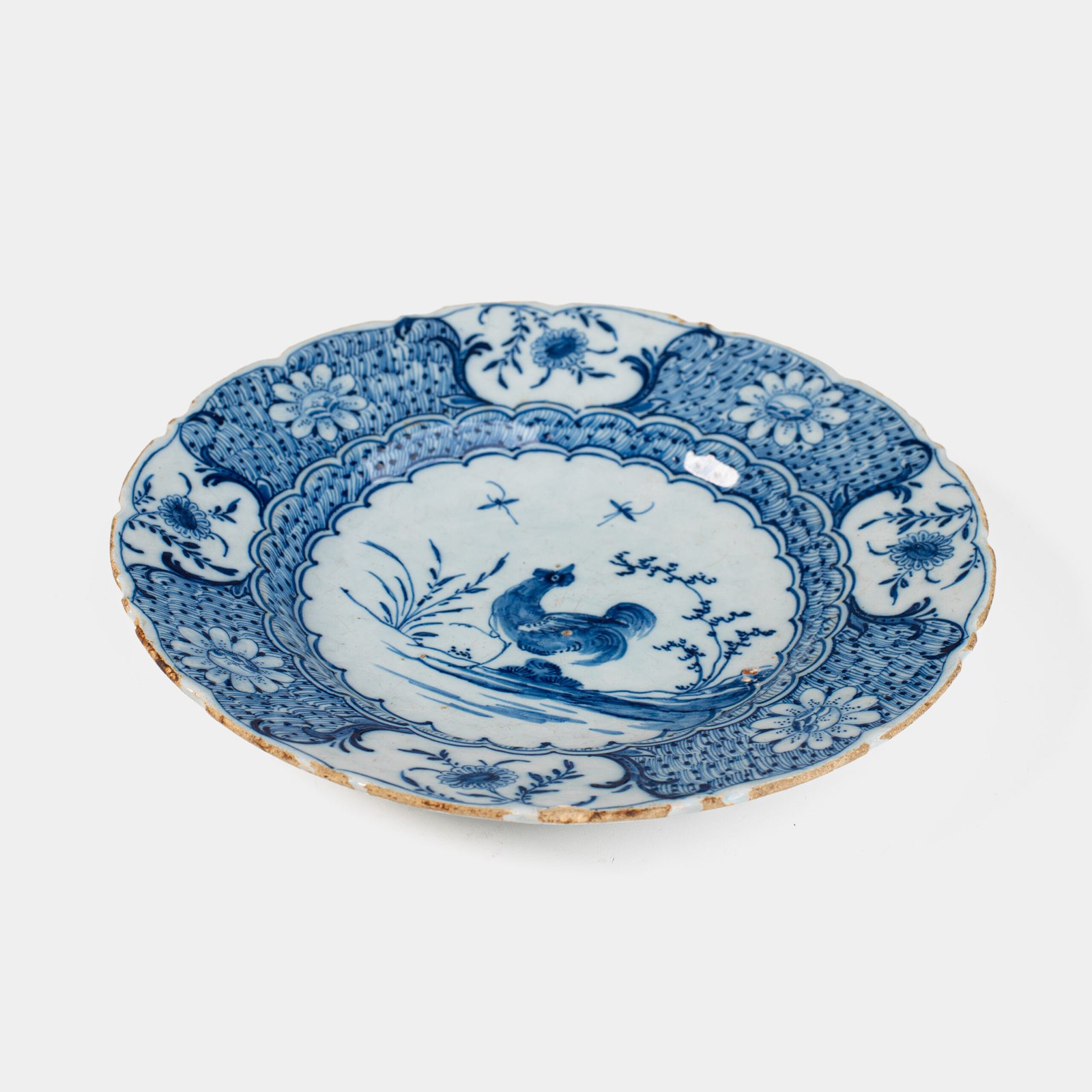 Exceptional Delft plate 18th century by Van den Briel with cobalt-blue rooster and floral decoration, De Grieksche A workshop.