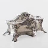 WMF jewelry box in Art Nouveau style by WMF, silver-plated pewter with floral relief decoration and original silk-lined interior, Germany, circa 1900