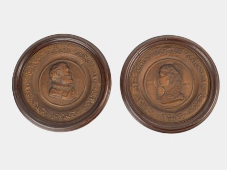 Monumental pair of 19th century French copper plaques, 24.4 inch diameter, depicting King Henry IV of France and Queen Marie de’ Medici, repoussé copper wall plaques in original wooden frames
