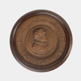 Monumental pair of 19th century French copper plaques, 24.4 inch diameter, depicting King Henry IV of France and Queen Marie de’ Medici, repoussé copper wall plaques in original wooden frames