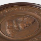 Monumental pair of 19th century French copper plaques, 24.4 inch diameter, depicting King Henry IV of France and Queen Marie de’ Medici, repoussé copper wall plaques in original wooden frames