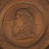 Monumental pair of 19th century French copper plaques, 24.4 inch diameter, depicting King Henry IV of France and Queen Marie de’ Medici, repoussé copper wall plaques in original wooden frames