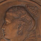 Monumental pair of 19th century French copper plaques, 24.4 inch diameter, depicting King Henry IV of France and Queen Marie de’ Medici, repoussé copper wall plaques in original wooden frames