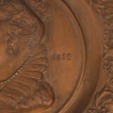 Monumental pair of 19th century French copper plaques, 24.4 inch diameter, depicting King Henry IV of France and Queen Marie de’ Medici, repoussé copper wall plaques in original wooden frames