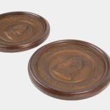 Monumental pair of 19th century French copper plaques, 24.4 inch diameter, depicting King Henry IV of France and Queen Marie de’ Medici, repoussé copper wall plaques in original wooden frames