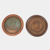 Monumental pair of 19th century French copper plaques, 24.4 inch diameter, depicting King Henry IV of France and Queen Marie de’ Medici, repoussé copper wall plaques in original wooden frames