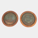 Monumental pair of 19th century French copper plaques, 24.4 inch diameter, depicting King Henry IV of France and Queen Marie de’ Medici, repoussé copper wall plaques in original wooden frames