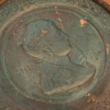 Monumental pair of 19th century French copper plaques, 24.4 inch diameter, depicting King Henry IV of France and Queen Marie de’ Medici, repoussé copper wall plaques in original wooden frames
