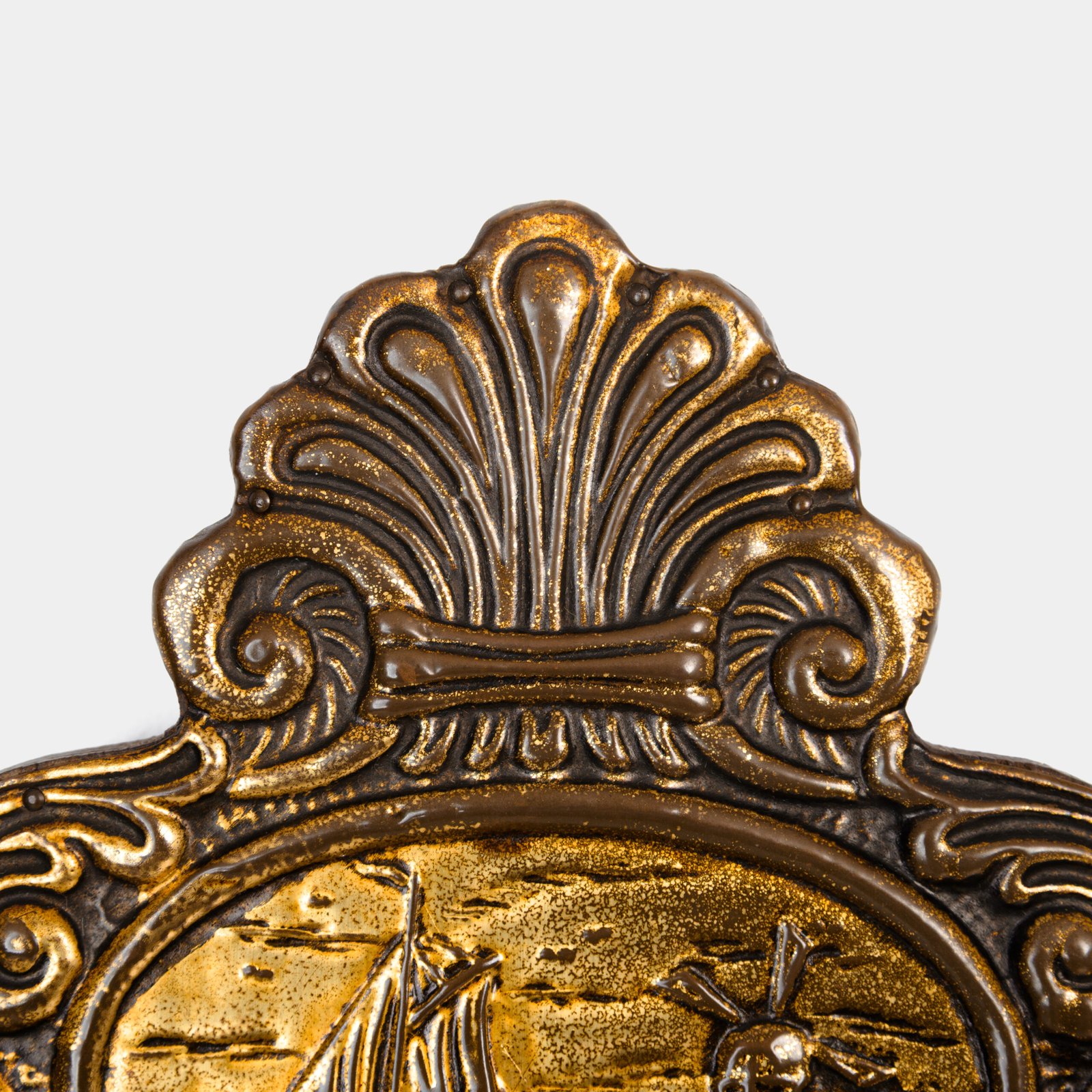 Dutch Mirror Cabinet in embossed brass with windmill motif, beveled mirror door and interior brushes, circa 1890–1920.