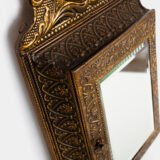 Dutch Mirror Cabinet in embossed brass with windmill motif, beveled mirror door and interior brushes, circa 1890–1920.