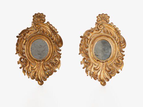 Rococo Gilt Mirrors, antique Portuguese Rococo Revival pair, hand-carved giltwood frames with original mirror glass, circa 1880–1920