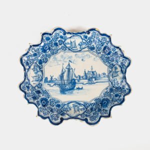 Early Delft lobed dish with harbour scene, hand-painted in cobalt blue, Netherlands c. 1695–1720