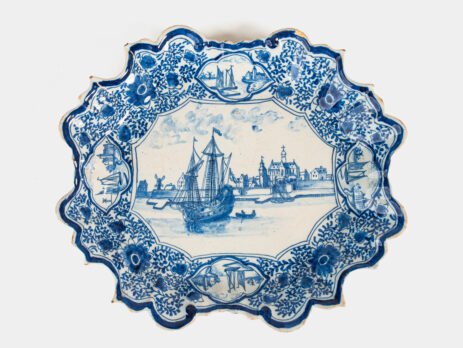 Early Delft lobed dish with harbour scene, hand-painted in cobalt blue, Netherlands c. 1695–1720