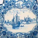Early Delft lobed dish with harbour scene, hand-painted in cobalt blue, Netherlands c. 1695–1720