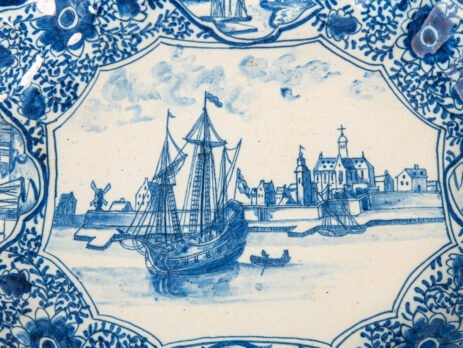 Early Delft lobed dish with harbour scene, hand-painted in cobalt blue, Netherlands c. 1695–1720
