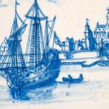 Early Delft lobed dish with harbour scene, hand-painted in cobalt blue, Netherlands c. 1695–1720