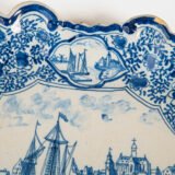 Early Delft lobed dish with harbour scene, hand-painted in cobalt blue, Netherlands c. 1695–1720
