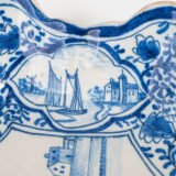 Early Delft lobed dish with harbour scene, hand-painted in cobalt blue, Netherlands c. 1695–1720