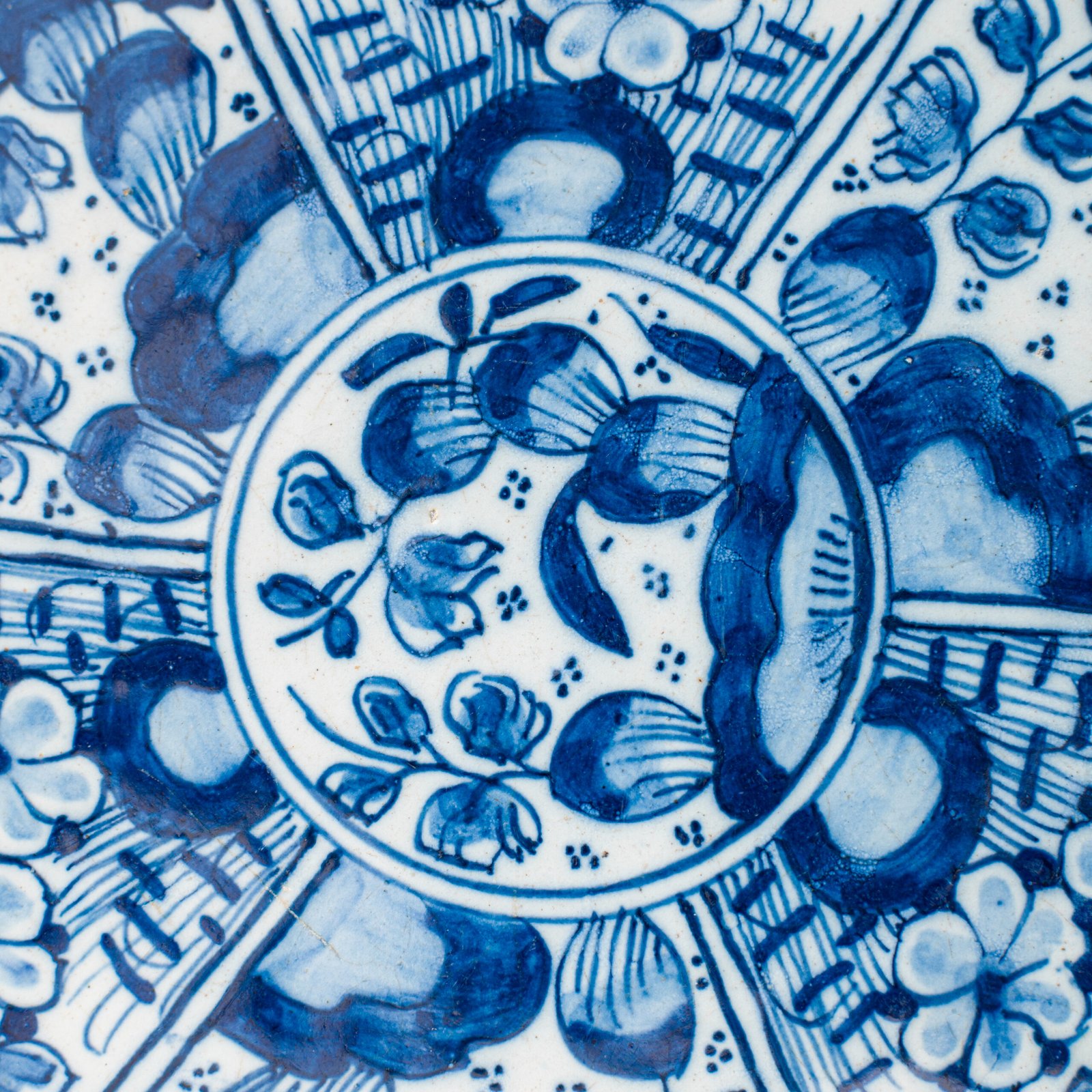 De Witte Ster Delft blue and white plate with six-pointed star and CB underglaze mark, Cornelis Brouwer period, ca. 1724–1738