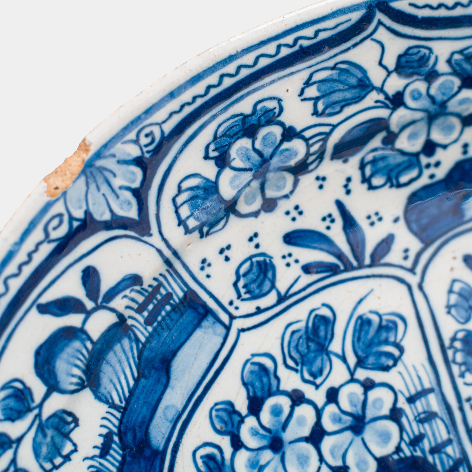 De Witte Ster Delft blue and white plate with six-pointed star and CB underglaze mark, Cornelis Brouwer period, ca. 1724–1738