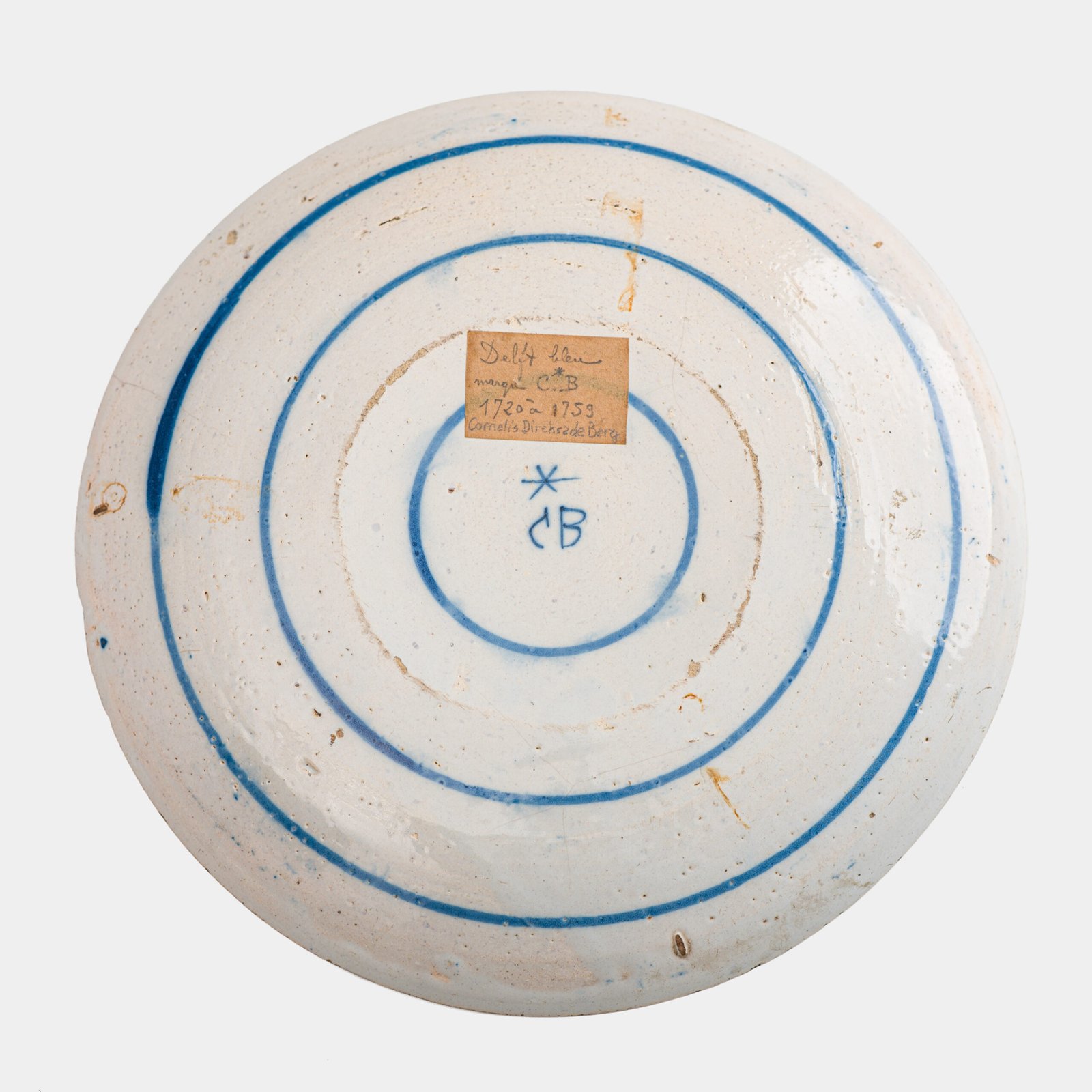 De Witte Ster Delft blue and white plate with six-pointed star and CB underglaze mark, Cornelis Brouwer period, ca. 1724–1738