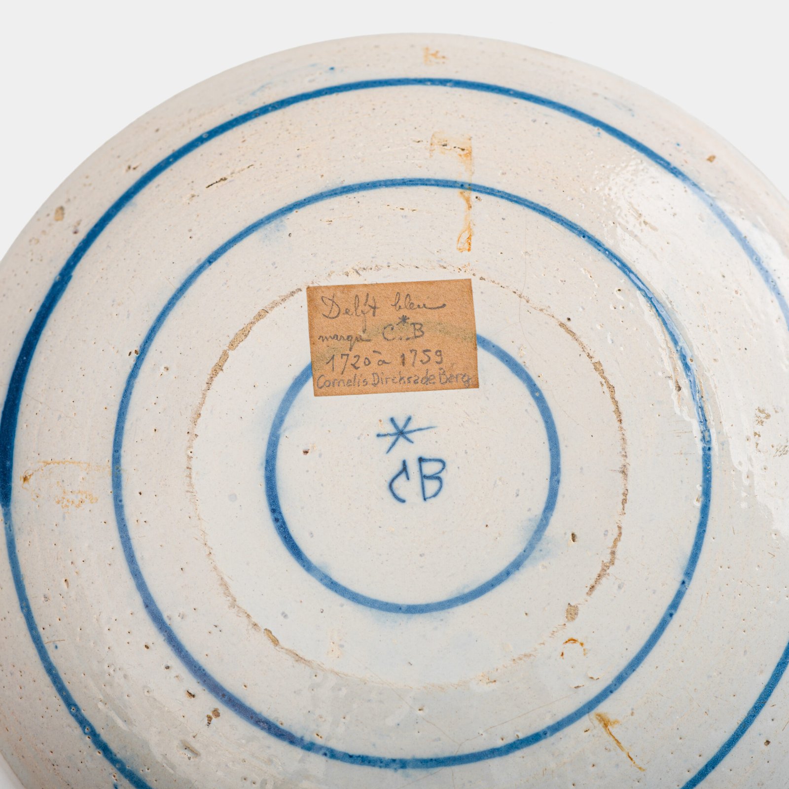 De Witte Ster Delft blue and white plate with six-pointed star and CB underglaze mark, Cornelis Brouwer period, ca. 1724–1738