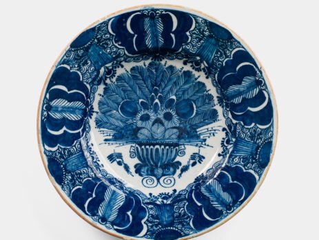Antique delft plate blue and white bloemenmand 18th century circa 1700–1730 Dutch delftware hand painted cobalt ceramic