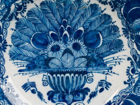 Antique delft plate blue and white bloemenmand 18th century circa 1700–1730 Dutch delftware hand painted cobalt ceramic