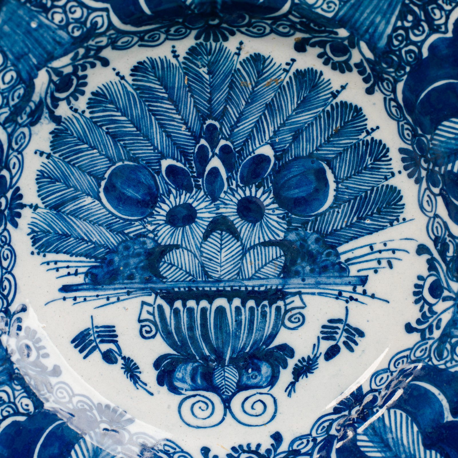 Antique delft plate blue and white bloemenmand 18th century circa 1700–1730 Dutch delftware hand painted cobalt ceramic