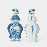 Antique Delft Vases in cobalt blue with lid and bird finial, hand-painted hexagonal bodies with Dutch scenes and blue underglaze mark on the base.