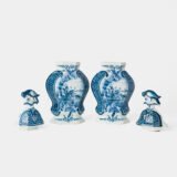 Antique Delft Vases in cobalt blue with lid and bird finial, hand-painted hexagonal bodies with Dutch scenes and blue underglaze mark on the base.