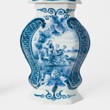 Antique Delft Vases in cobalt blue with lid and bird finial, hand-painted hexagonal bodies with Dutch scenes and blue underglaze mark on the base.
