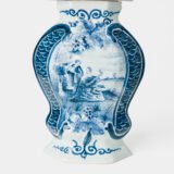 Antique Delft Vases in cobalt blue with lid and bird finial, hand-painted hexagonal bodies with Dutch scenes and blue underglaze mark on the base.