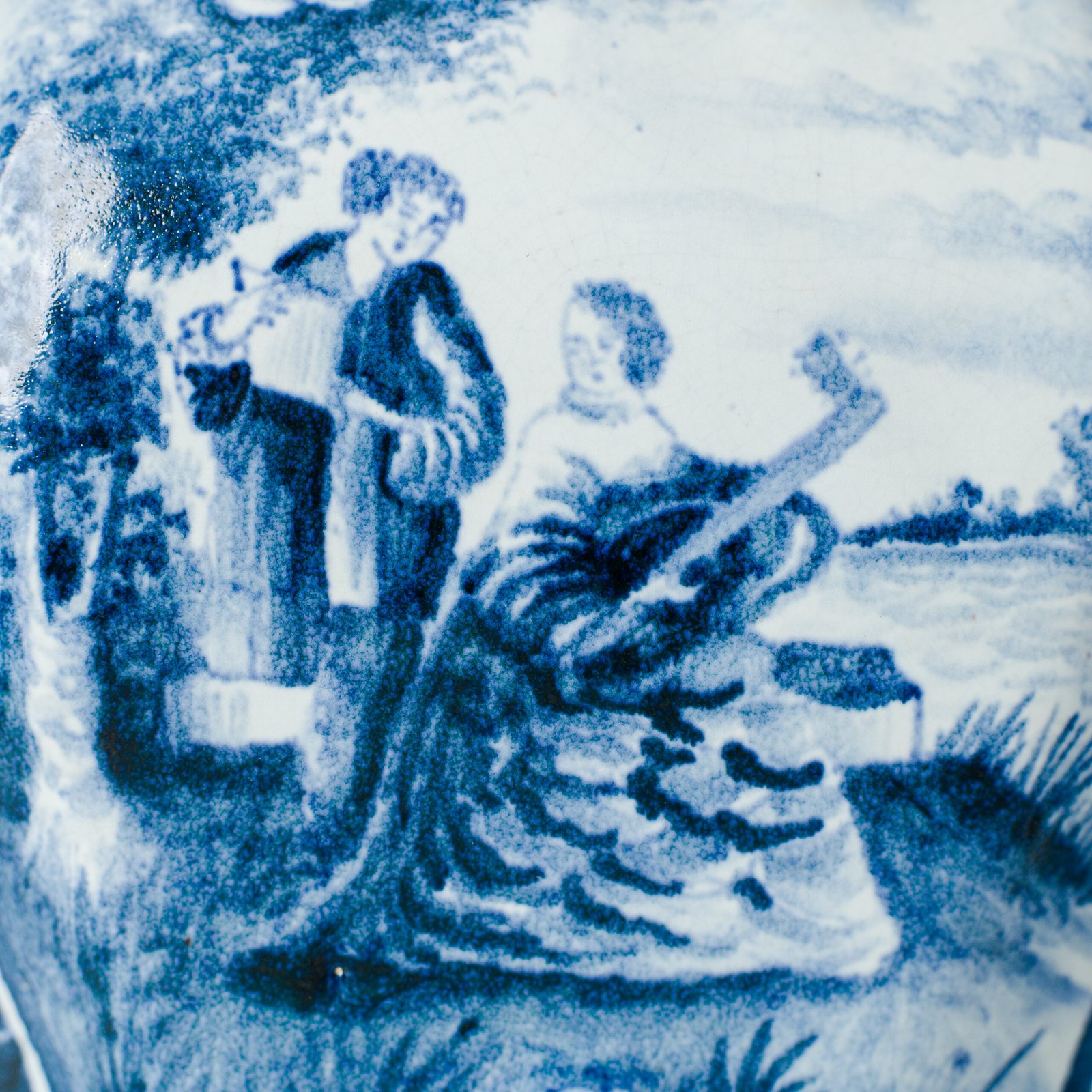 Antique Delft Vases in cobalt blue with lid and bird finial, hand-painted hexagonal bodies with Dutch scenes and blue underglaze mark on the base.