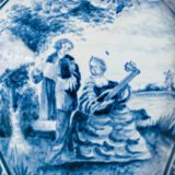 Antique Delft Vases in cobalt blue with lid and bird finial, hand-painted hexagonal bodies with Dutch scenes and blue underglaze mark on the base.