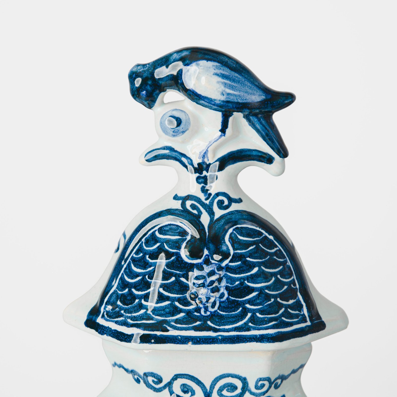 Antique Delft Vases in cobalt blue with lid and bird finial, hand-painted hexagonal bodies with Dutch scenes and blue underglaze mark on the base.