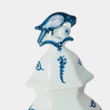 Antique Delft Vases in cobalt blue with lid and bird finial, hand-painted hexagonal bodies with Dutch scenes and blue underglaze mark on the base.