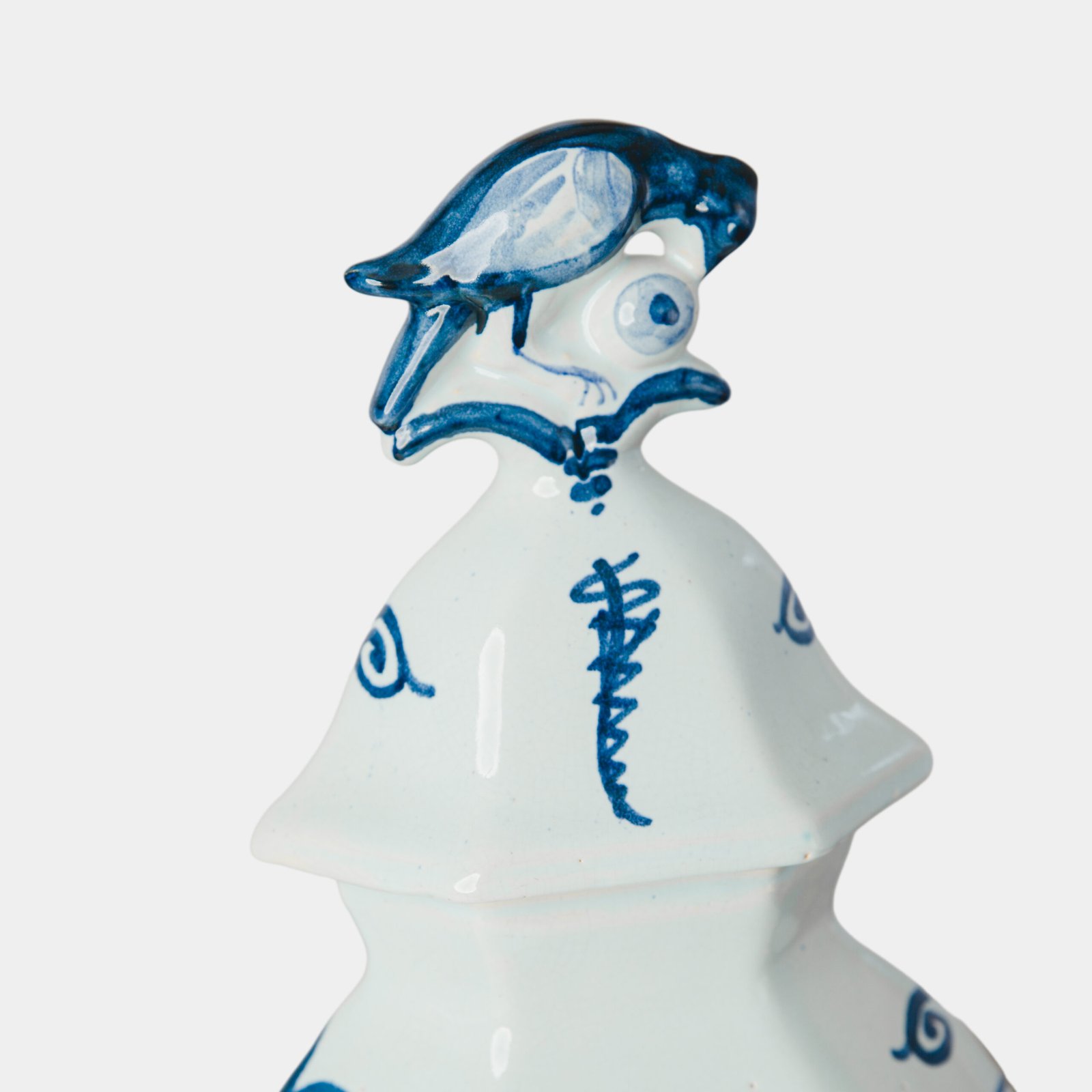 Antique Delft Vases in cobalt blue with lid and bird finial, hand-painted hexagonal bodies with Dutch scenes and blue underglaze mark on the base.