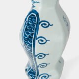 Antique Delft Vases in cobalt blue with lid and bird finial, hand-painted hexagonal bodies with Dutch scenes and blue underglaze mark on the base.