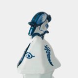 Antique Delft Vases in cobalt blue with lid and bird finial, hand-painted hexagonal bodies with Dutch scenes and blue underglaze mark on the base.